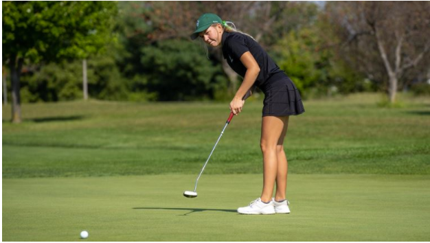 Photo credit: IWU Sports (Pictured: Sophomore Lexie Onsrud taking first place and CCIW accolades at Dechert Classic)